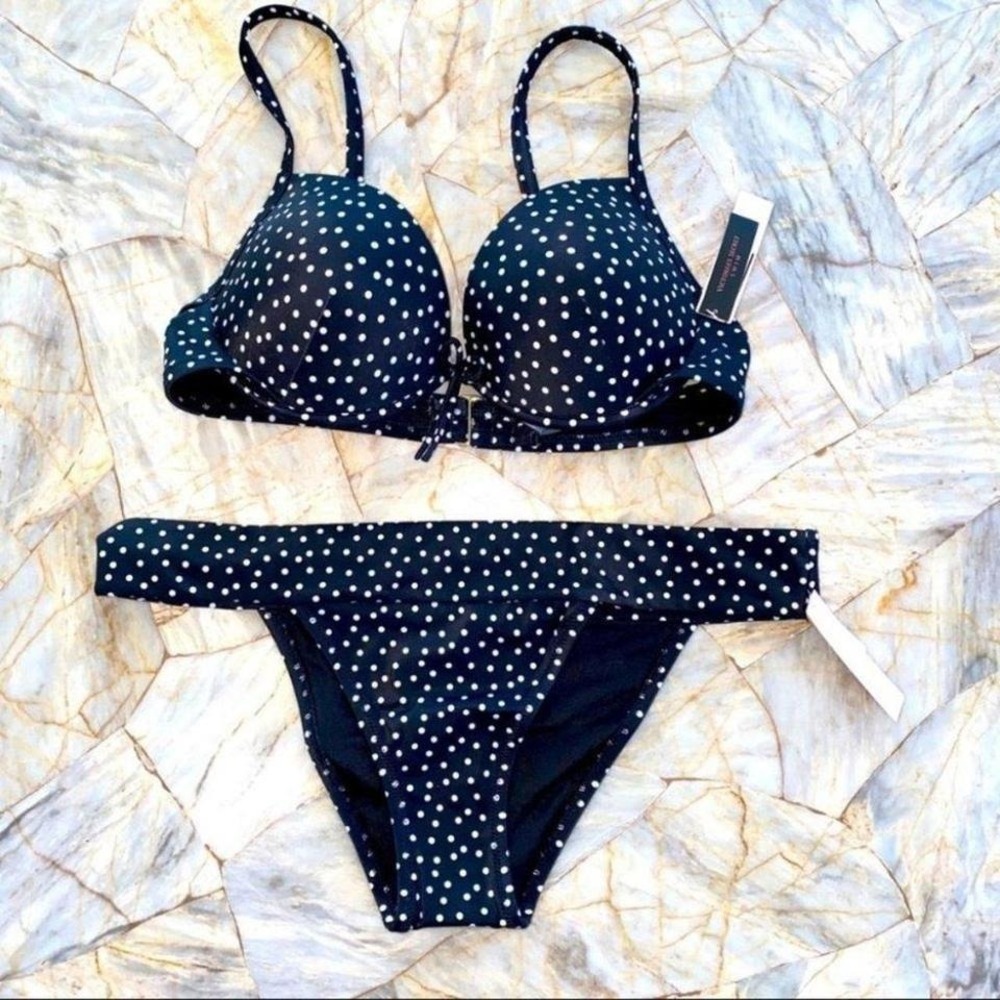 2 Pc Set VICTORIA SECRET Malibu Fabulous Polka Dot Push-Up Top 38C + bottoms L